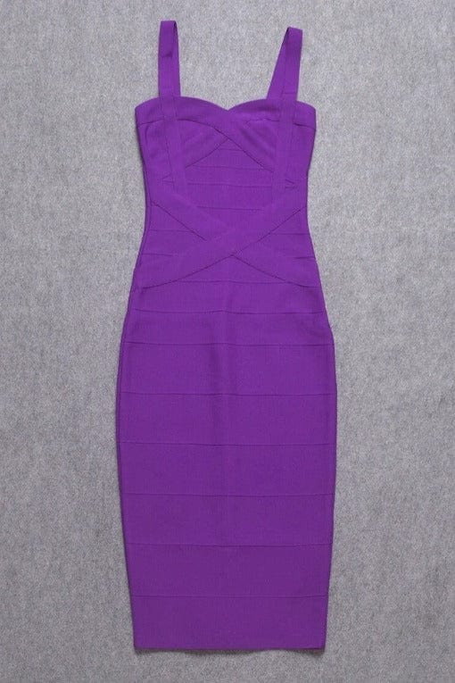 Woman wearing a figure flattering  Heidi Bandage Midi Dress - Plum Purple Bodycon Collection