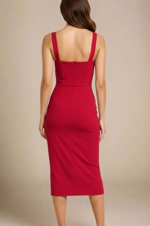 Woman wearing a figure flattering Heidi Bandage Midi Dress - Red Wine Bodycon Collection