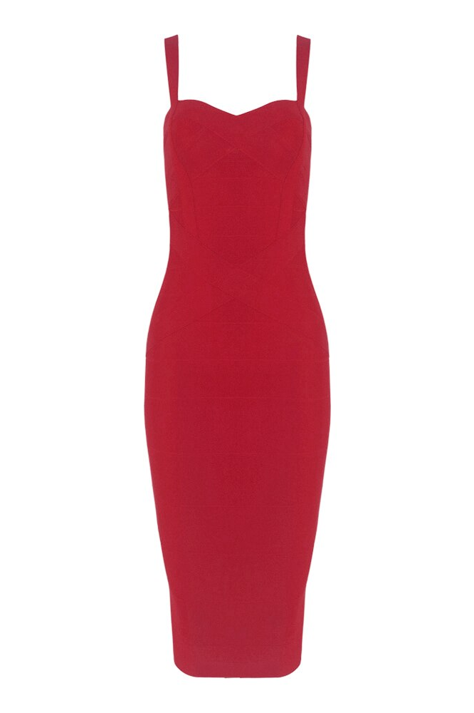 Woman wearing a figure flattering Heidi Bandage Midi Dress - Red Wine Bodycon Collection