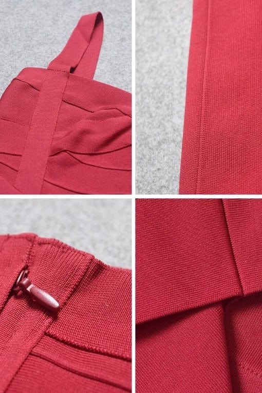 Woman wearing a figure flattering Heidi Bandage Midi Dress - Red Wine Bodycon Collection