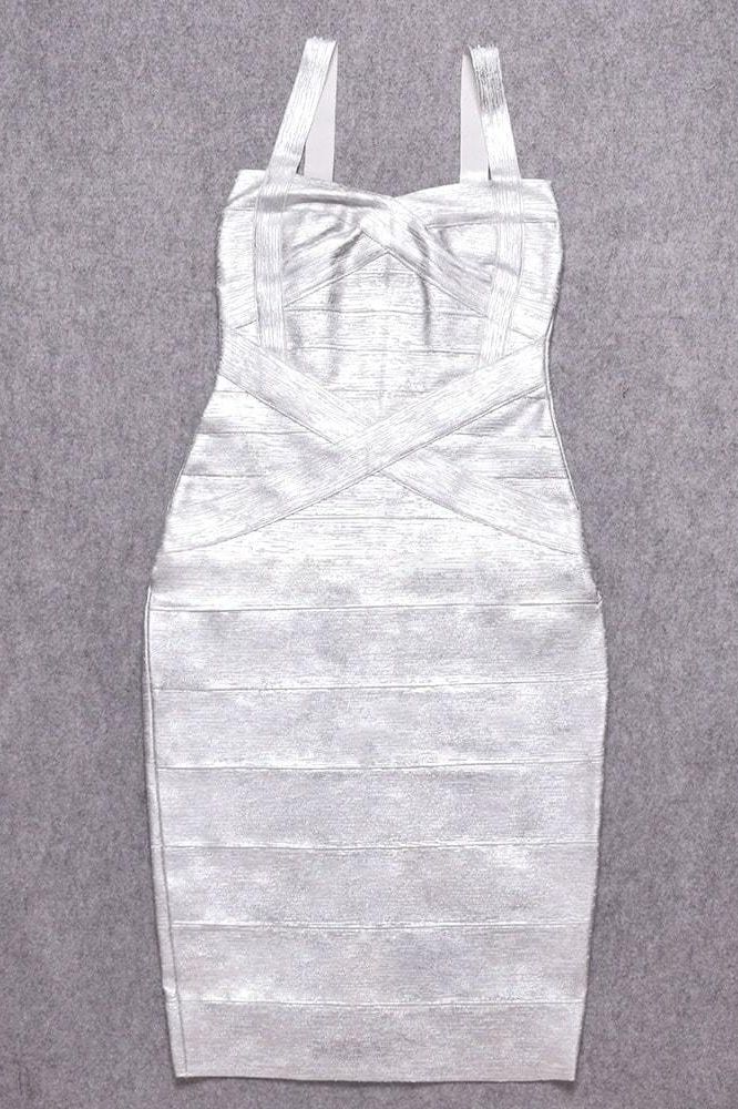 Woman wearing a figure flattering Heidi Bandage Midi Dress - Silver BODYCON COLLECTION