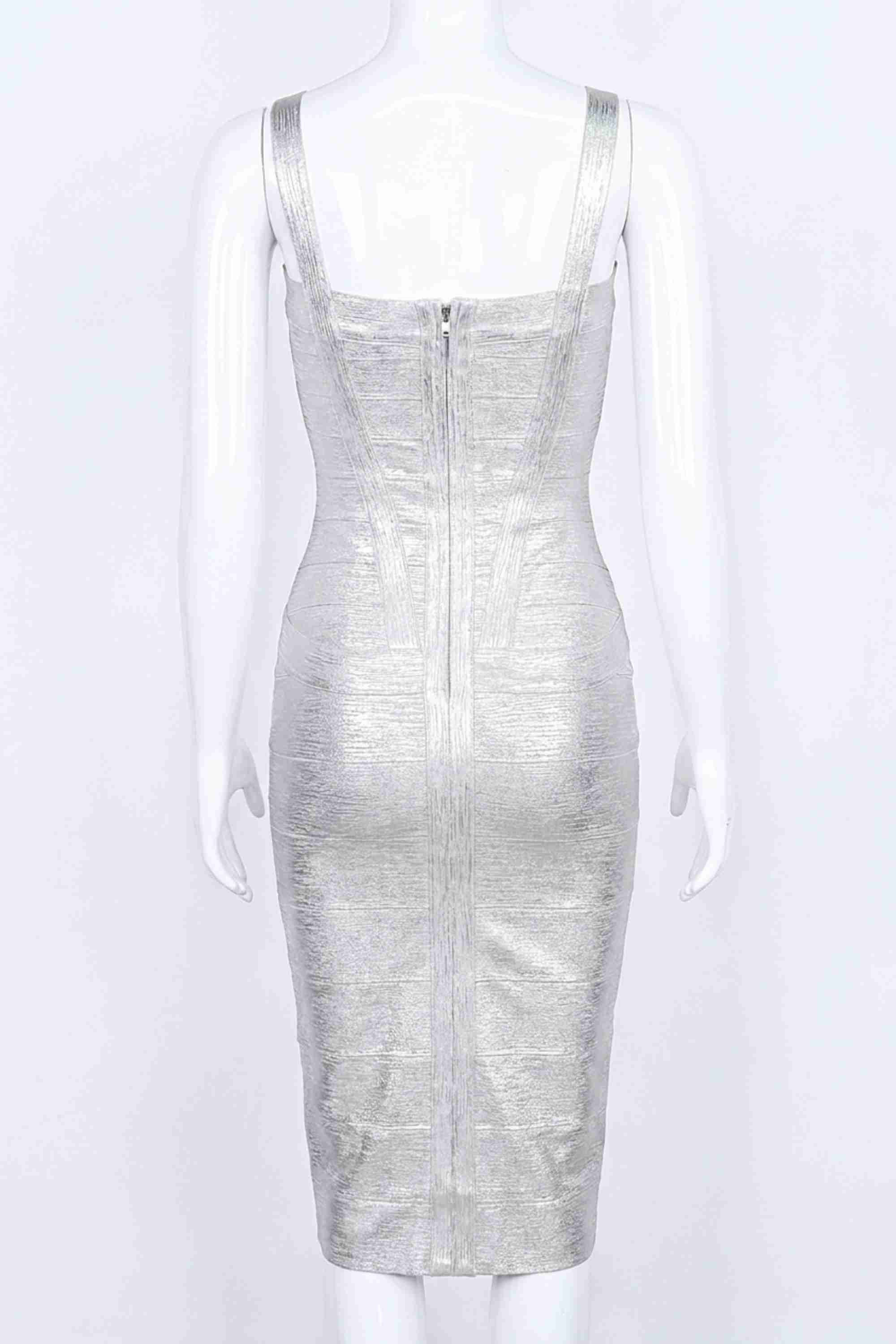 Woman wearing a figure flattering Heidi Bandage Midi Dress - Silver BODYCON COLLECTION