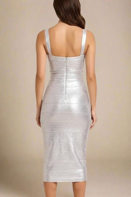 Woman wearing a silver party dress Heidi Bandage Midi Dress - Silver BODYCON COLLECTION