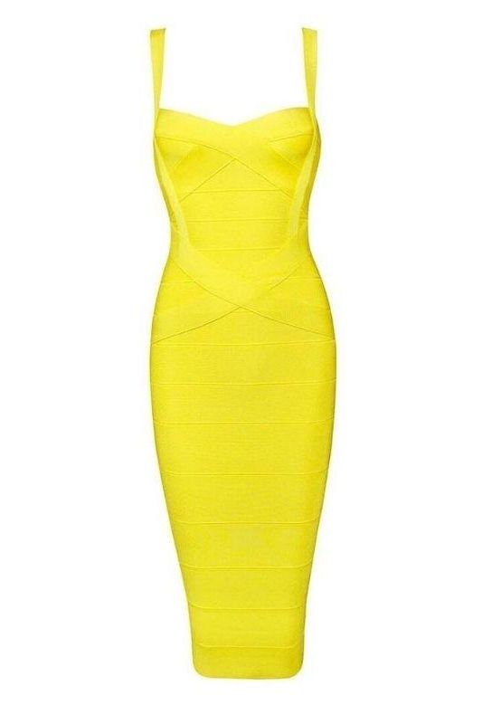 Woman wearing a figure flattering Heidi Bandage Midi Dress - Sun Yellow Bodycon Collection