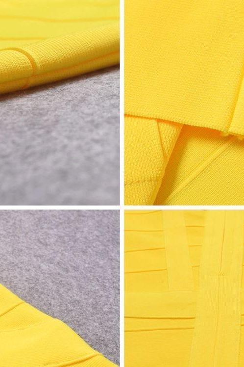 Woman wearing a figure flattering Heidi Bandage Midi Dress - Sun Yellow Bodycon Collection