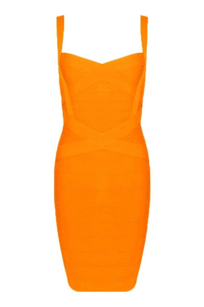 Woman wearing a figure flattering  Heidi Bandage Mini Dress - Apricot Orange Bodycon Collection