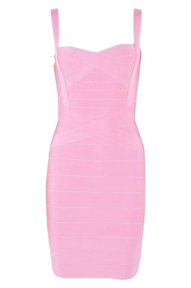 Woman wearing a figure flattering  Heidi Bandage Mini Dress - Dusty Pink Bodycon Collection