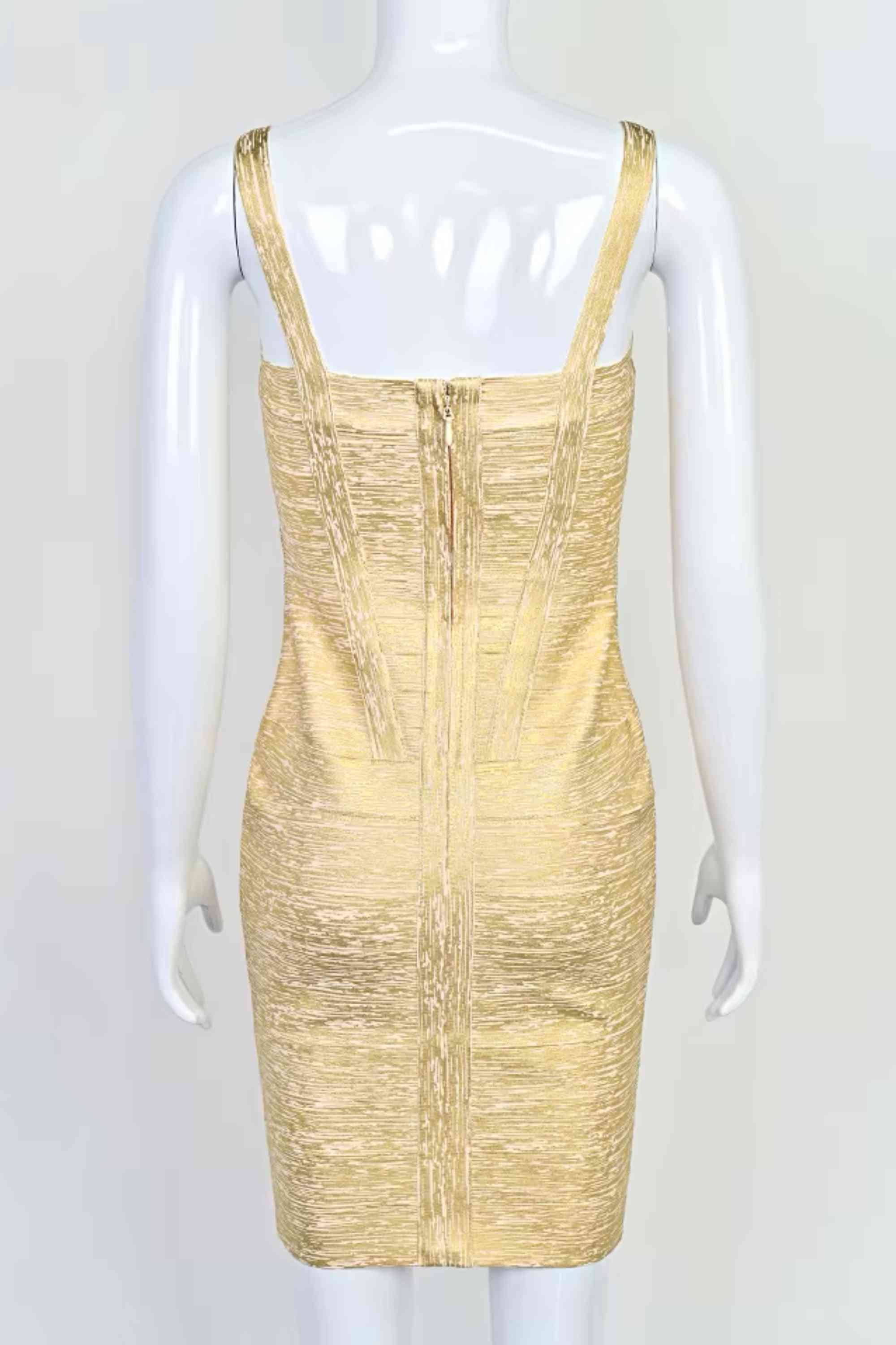 Woman wearing a figure flattering Heidi Bandage Mini Dress - Gold Bodycon Collection