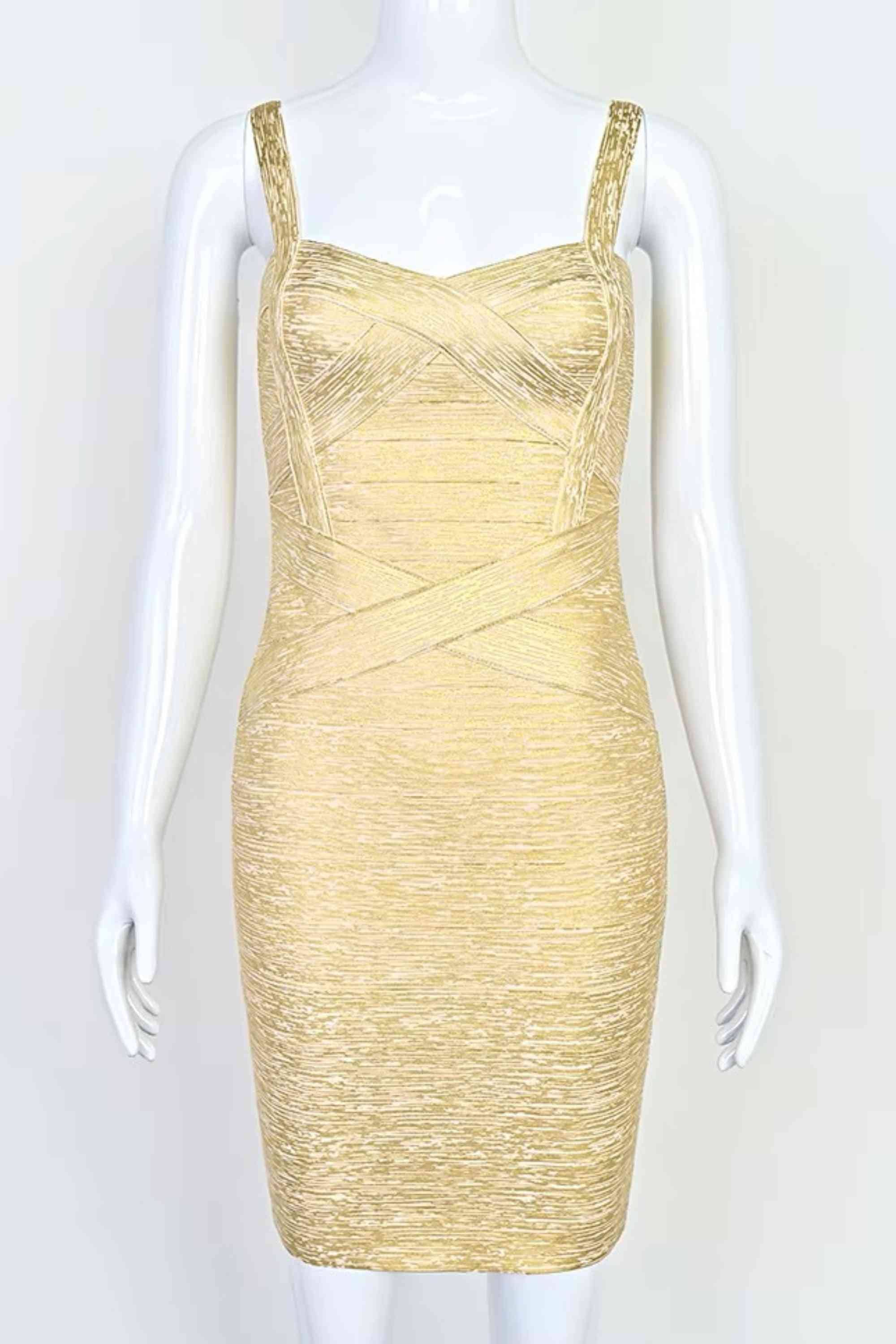 Woman wearing a figure flattering Heidi Bandage Mini Dress - Gold Bodycon Collection