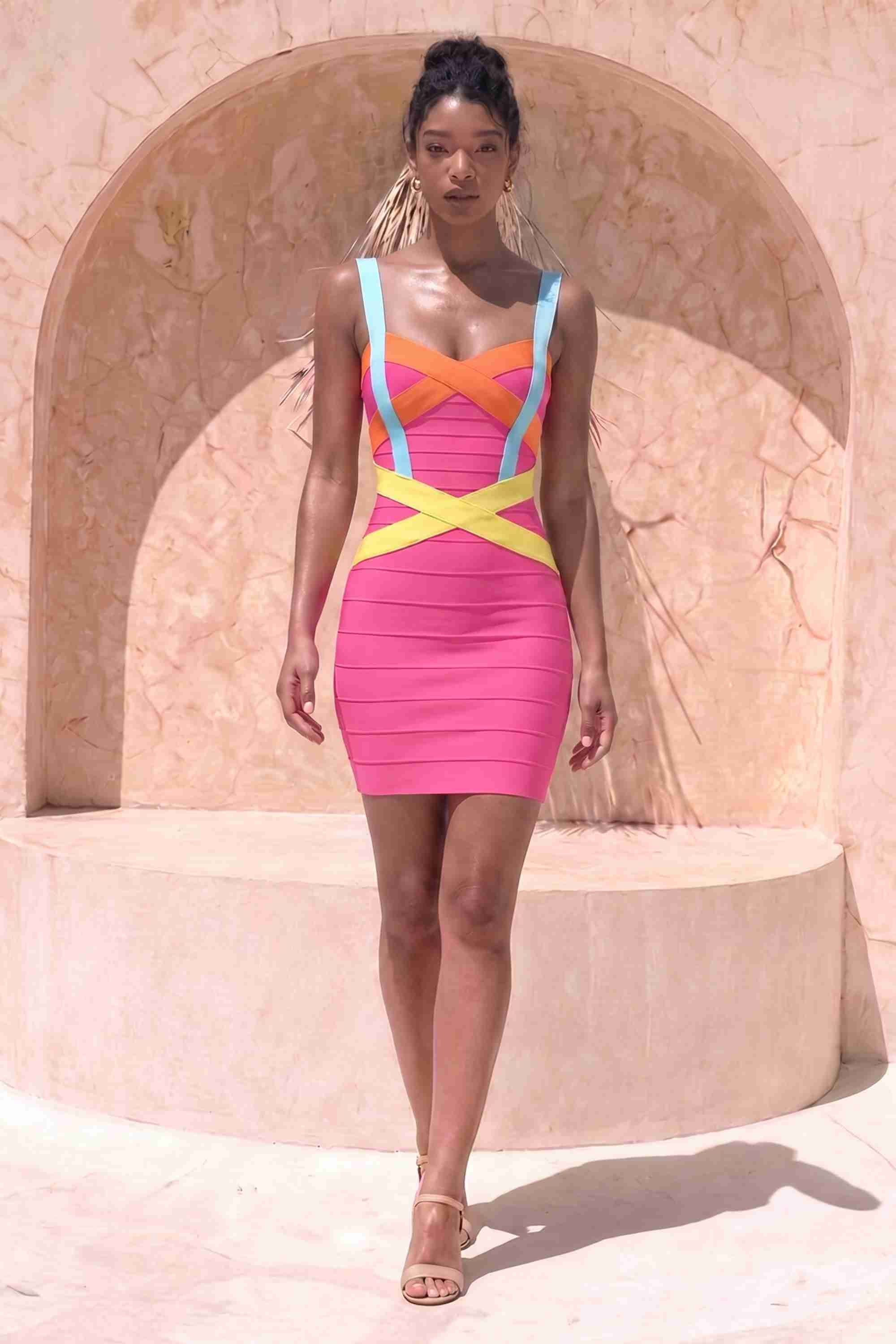 Woman wearing a figure flattering Heidi Bandage Mini Dress - Hot Pink Bodycon Collection