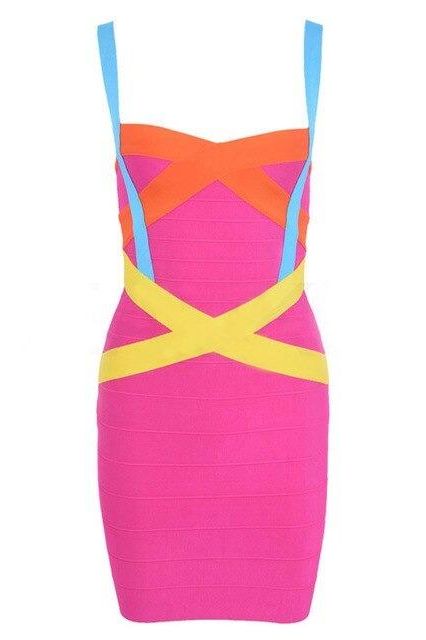 Woman wearing a figure flattering  Heidi Bandage Mini Dress - Hot Pink Bodycon Collection