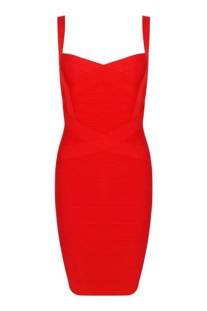 Woman wearing a figure flattering  Heidi Bandage Mini Dress - Lipstick Red Bodycon Collection