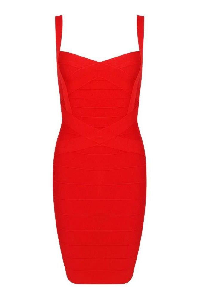 Woman wearing a figure flattering Heidi Bandage Mini Dress - Lipstick Red Bodycon Collection