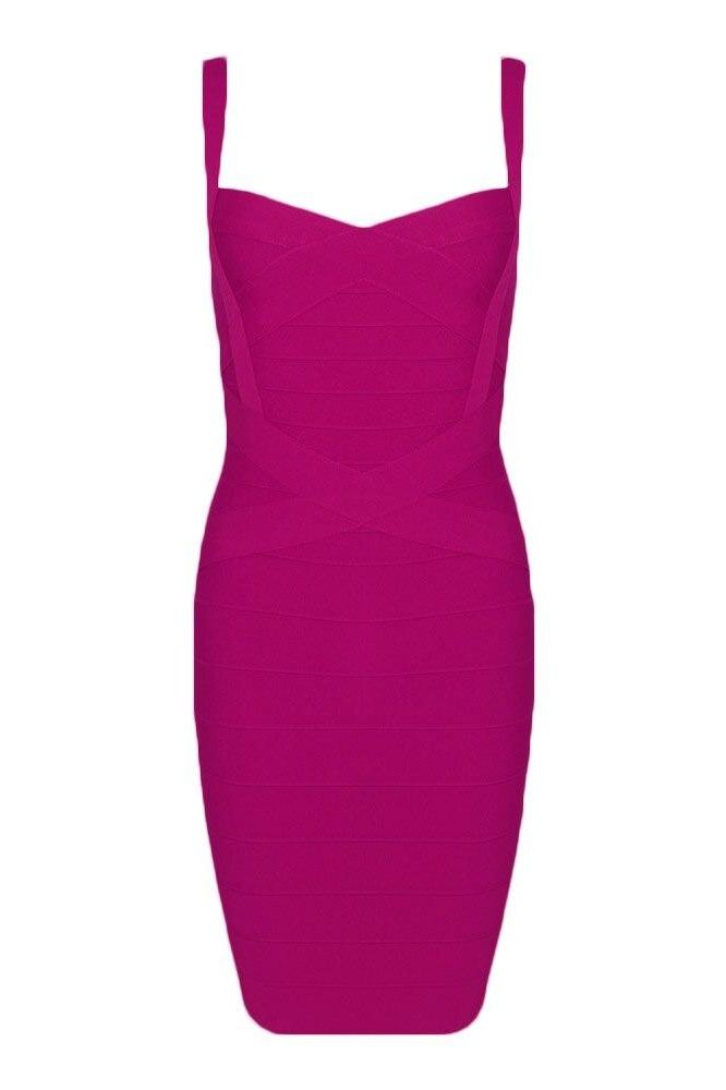 Woman wearing a figure flattering  Heidi Bandage Mini Dress - Magenta Pink Bodycon Collection