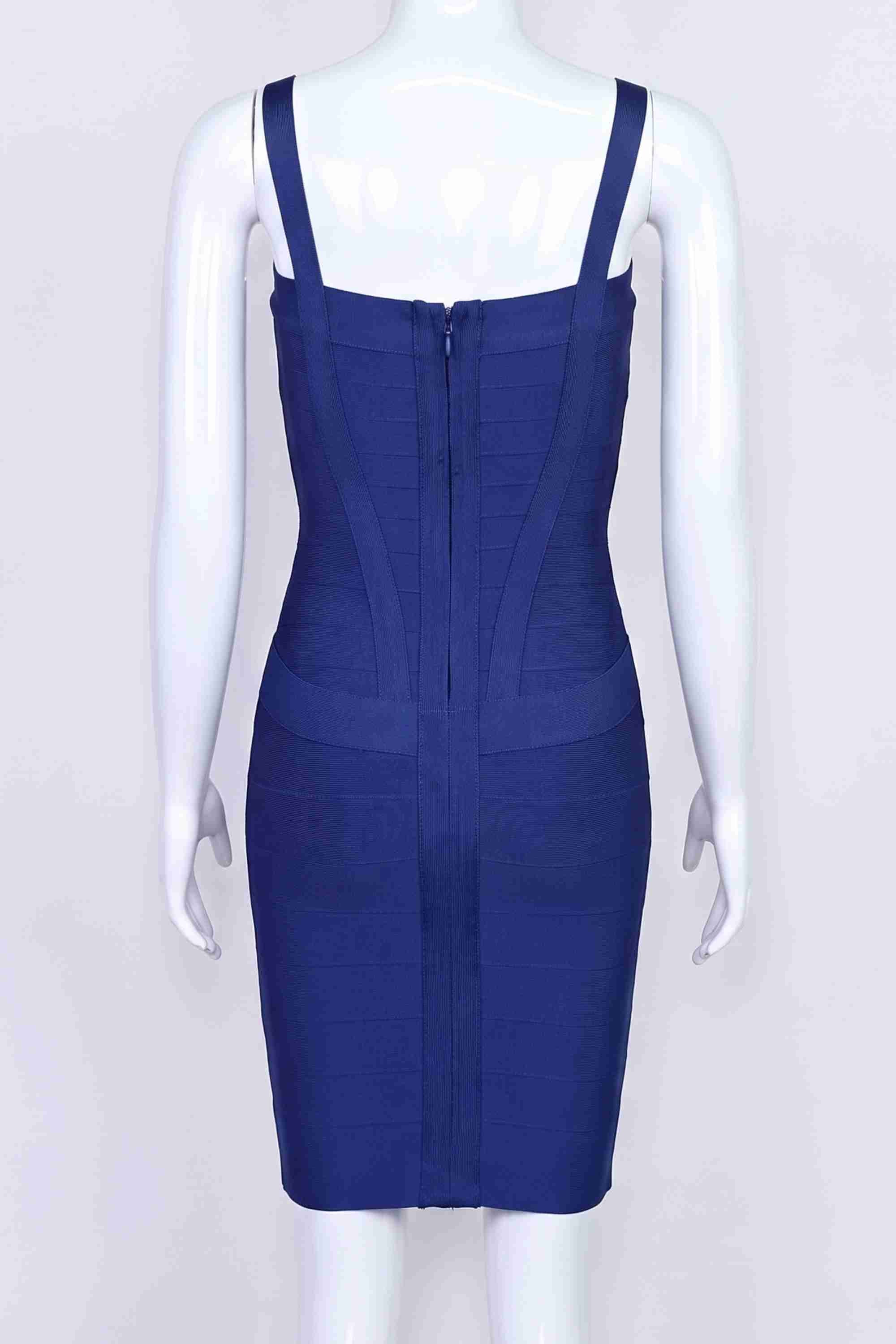 Woman wearing a figure flattering Heidi Bandage Mini Dress - Navy Blue Bodycon Collection
