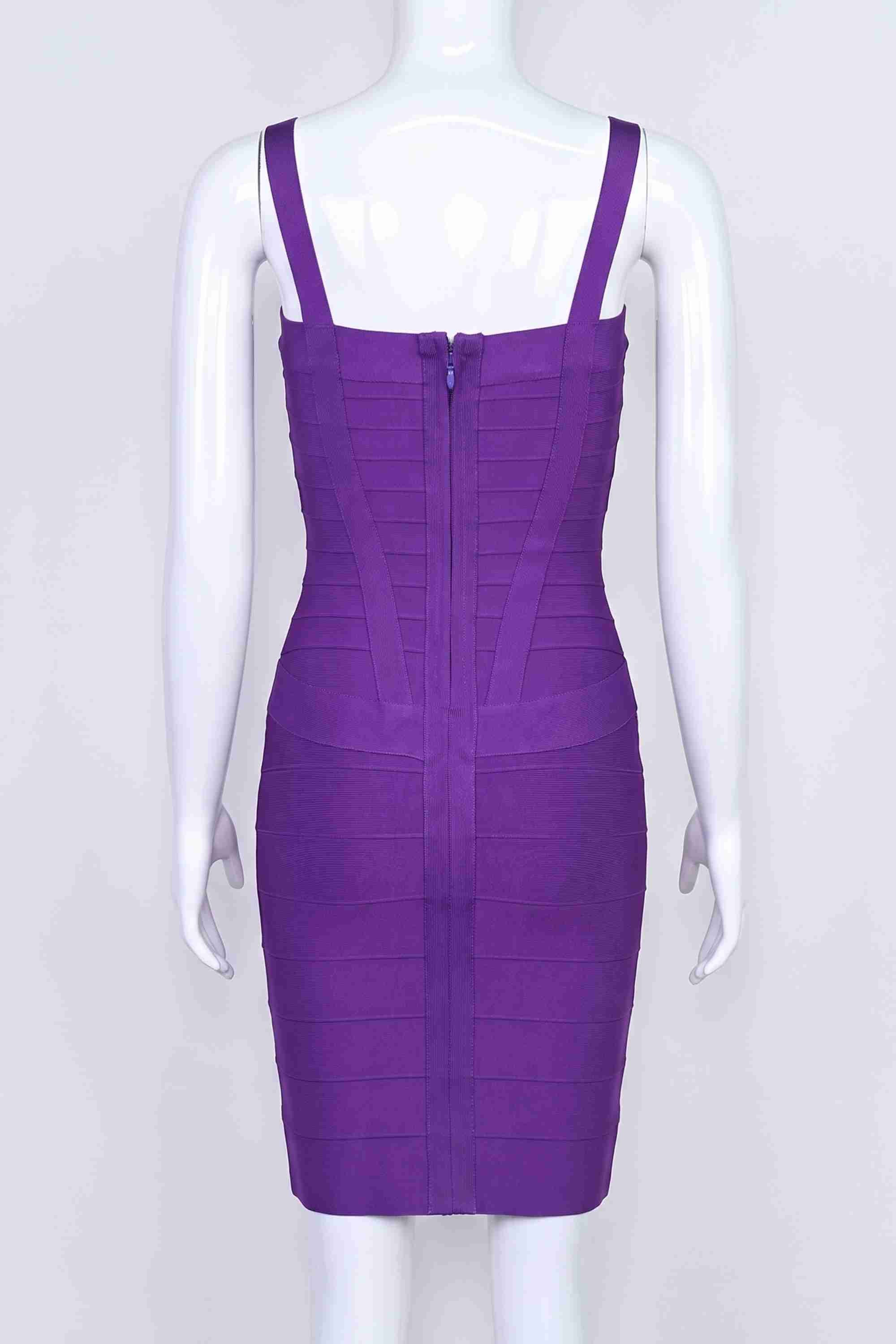 Woman wearing a figure flattering Heidi Bandage Mini Dress - Plum Purple Bodycon Collection