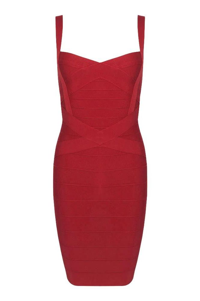 Woman wearing a figure flattering Heidi Bandage Mini Dress - Red Wine Bodycon Collection