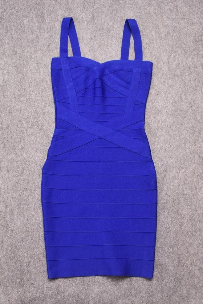 Woman wearing a figure flattering  Heidi Bandage Mini Dress - Royal Blue Bodycon Collection