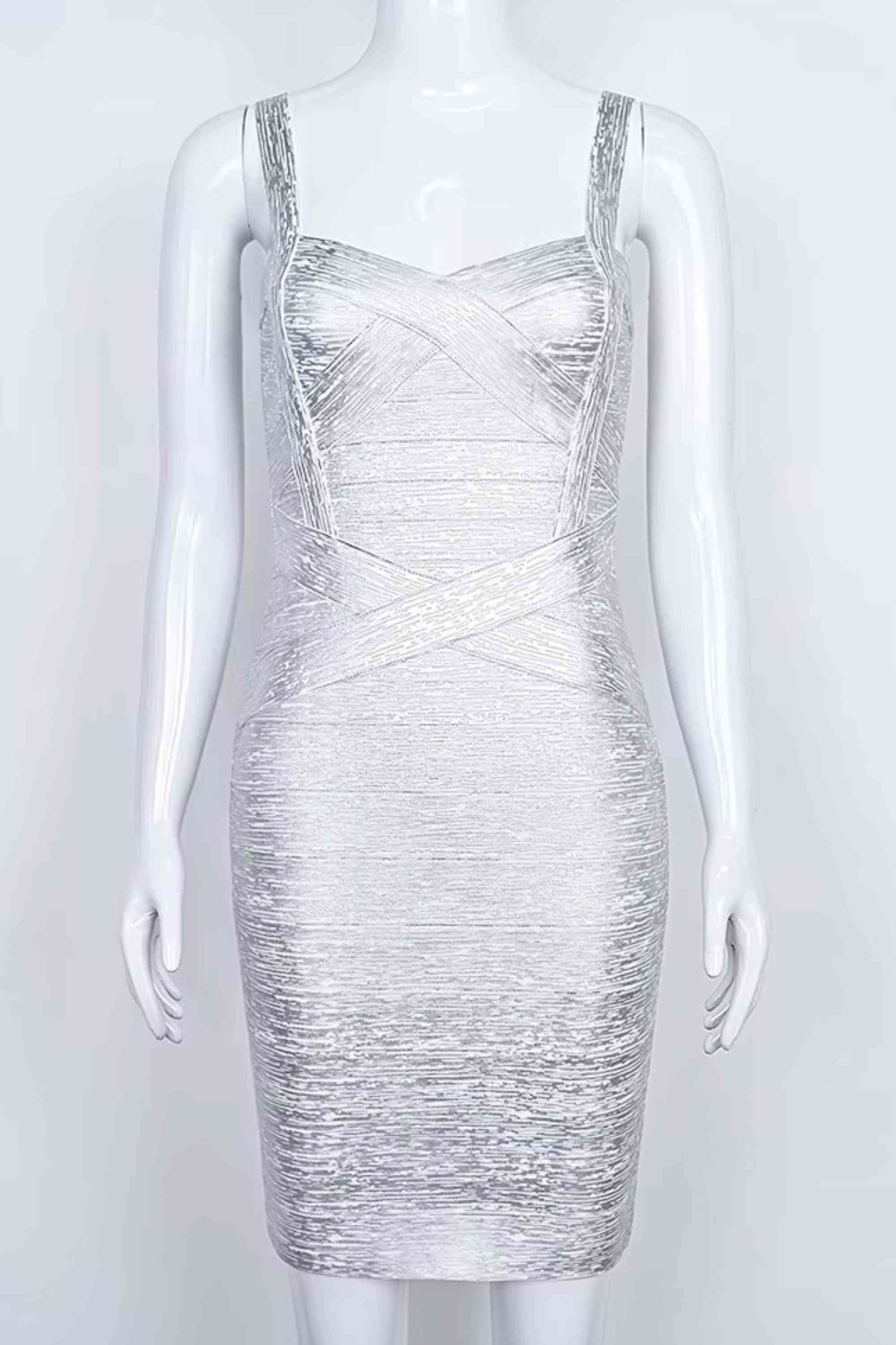 Woman wearing a figure flattering Heidi Bandage Mini Dress - Silver Bodycon Collection
