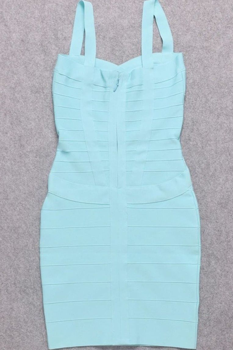 Woman wearing a figure flattering  Heidi Bandage Mini Dress - Sky Blue Bodycon Collection