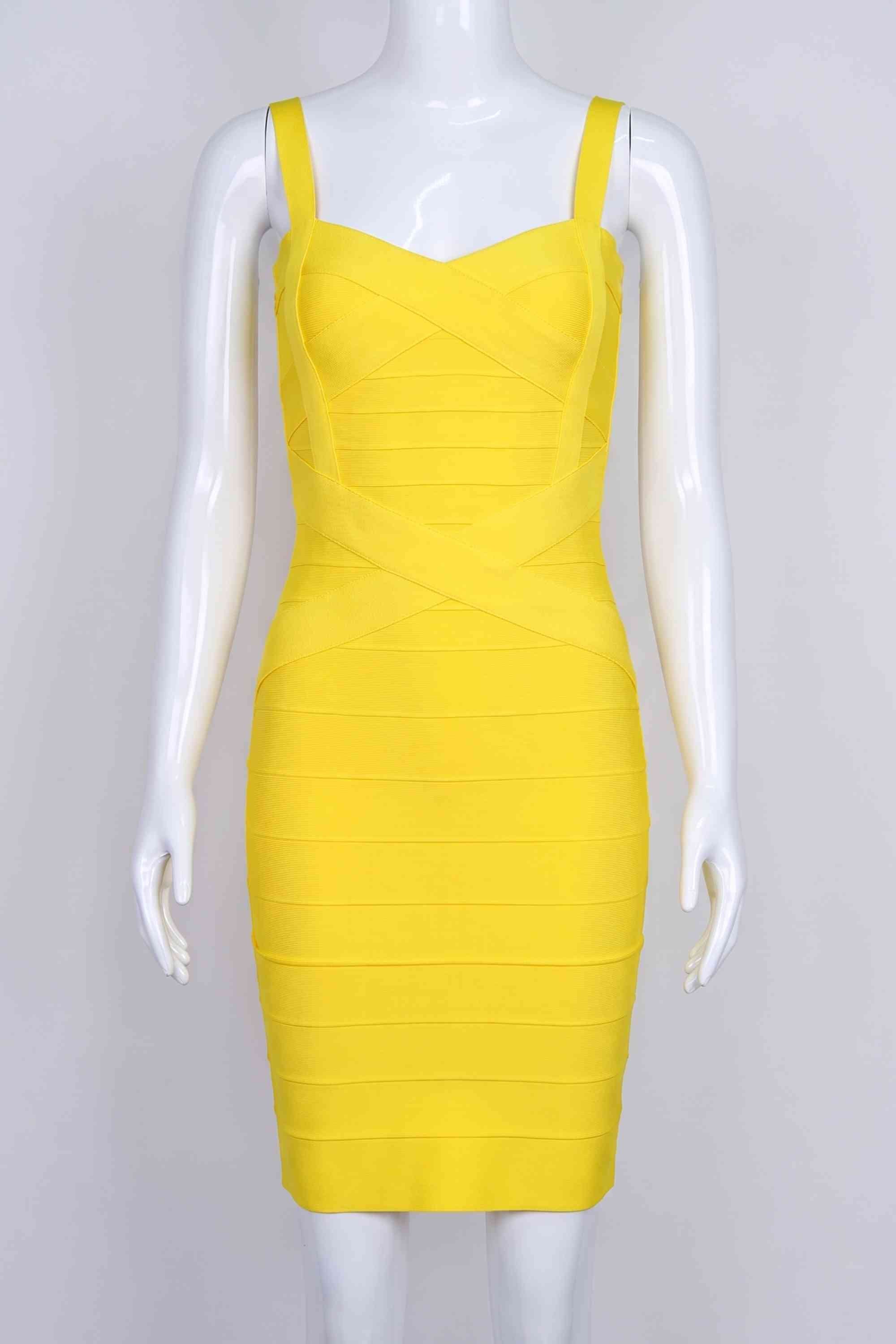 Woman wearing a figure flattering Heidi Bandage Mini Dress - Sun Yellow Bodycon Collection