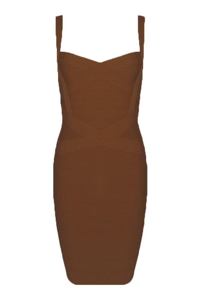 Woman wearing a figure flattering  Heidi Bandage Mini Dress - Tan Brown Bodycon Collection