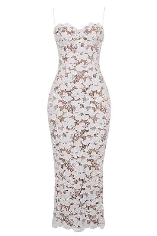 Woman wearing a figure flattering Honor Bodycon Maxi Dress - White Pearl BODYCON COLLECTION