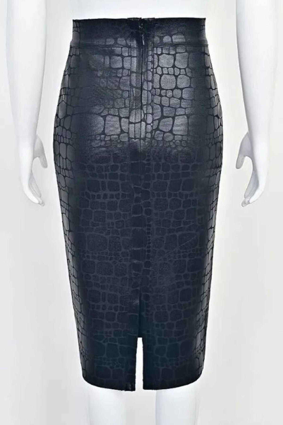 Woman wearing a figure flattering High Waist Leather Pencil Skirt Midi Length - Crocodile Black BODYCON COLLECTION Pty Ltd