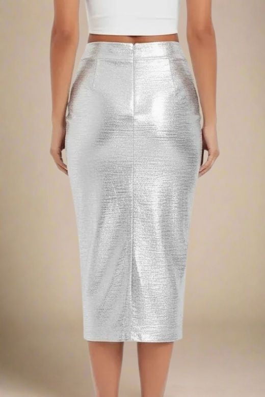Woman wearing a figure flattering High Waist Leather Pencil Skirt Midi Length - Metallic Silver BODYCON COLLECTION