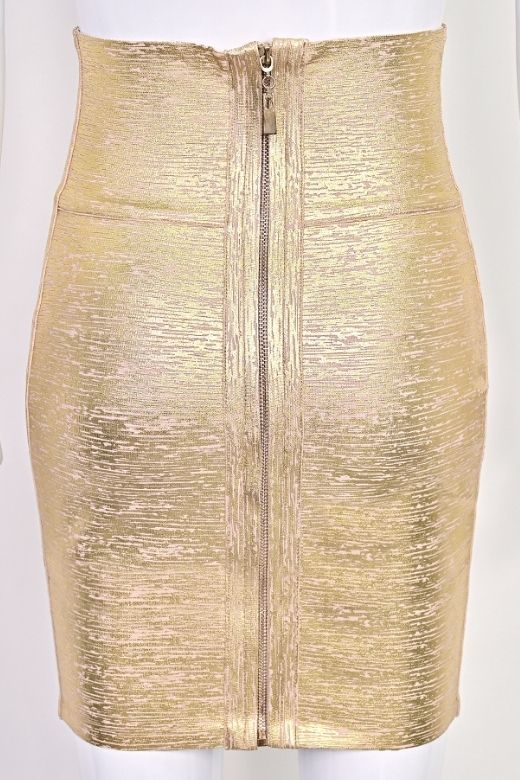 Woman wearing a figure flattering High Waist Leather Pencil Skirt Mini Length - Metallic Gold BODYCON COLLECTION
