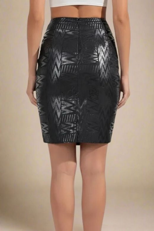 Woman wearing a figure flattering High Waist Metallic Leather Mini Skirt - Classic Black BODYCON COLLECTION