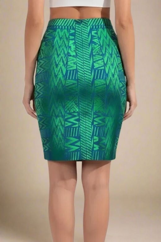 Woman wearing a figure flattering High Waist Metallic Leather Mini Skirt - Emerald Green BODYCON COLLECTION