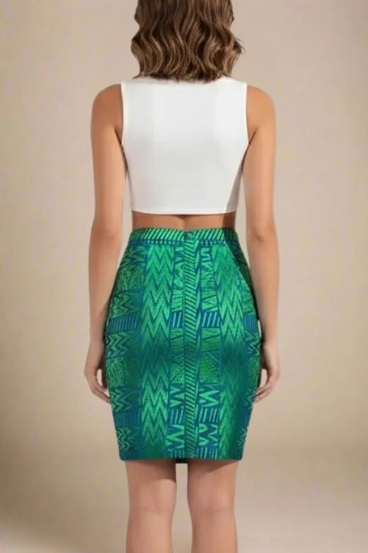 Woman wearing a figure flattering High Waist Metallic Leather Mini Skirt - Emerald Green BODYCON COLLECTION