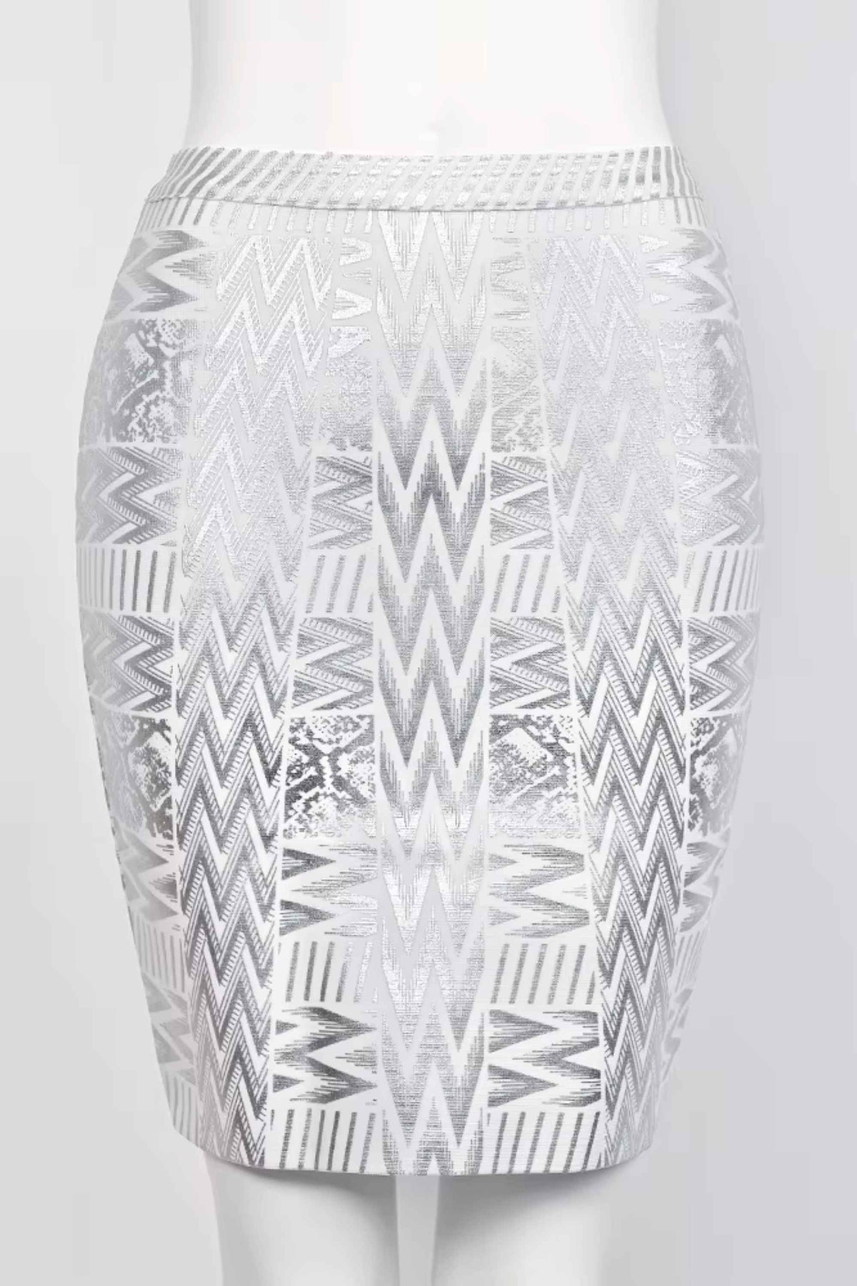 Woman wearing a figure flattering High Waist Metallic Leather Mini Skirt - Silver BODYCON COLLECTION