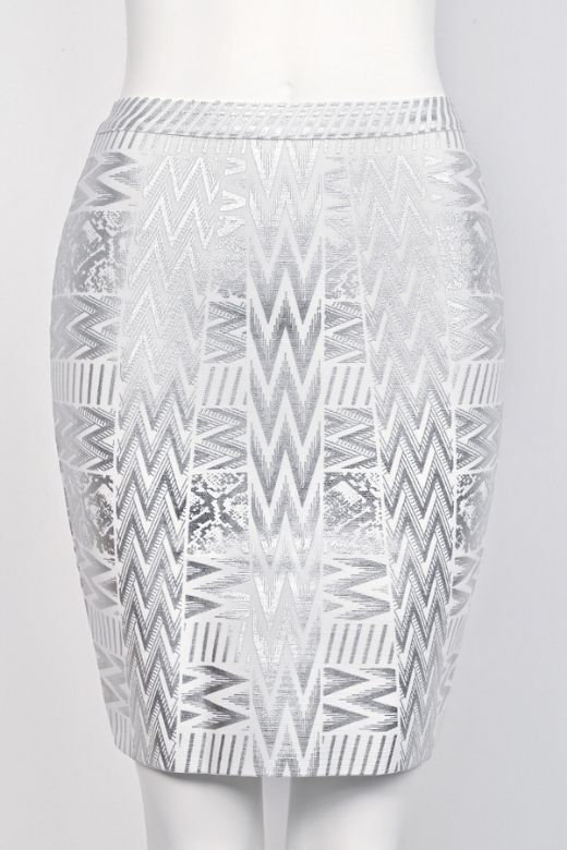 Woman wearing a figure flattering High Waist Metallic Leather Mini Skirt - Silver BODYCON COLLECTION