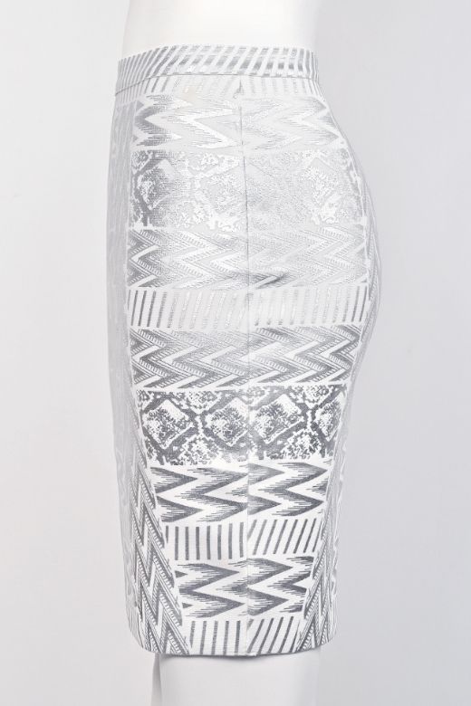 Woman wearing a figure flattering High Waist Metallic Leather Mini Skirt - Silver BODYCON COLLECTION