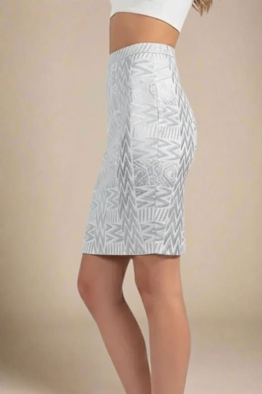 Woman wearing a figure flattering High Waist Metallic Leather Mini Skirt - Silver BODYCON COLLECTION