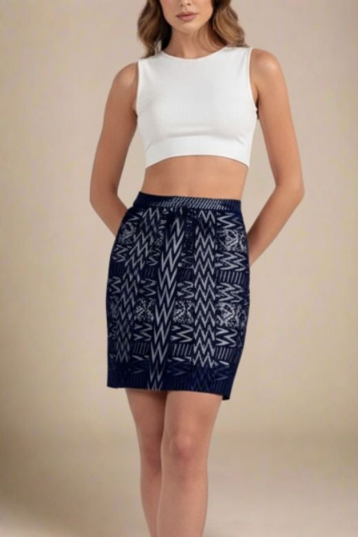 Woman wearing a figure flattering High Waist Metallic Mini Skirt - Classic Black BODYCON COLLECTION