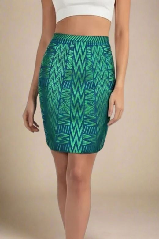 Woman wearing a figure flattering High Waist Metallic Mini Skirt - Emerald Green BODYCON COLLECTION