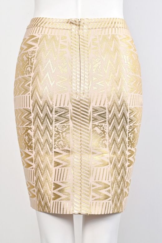 Woman wearing a figure flattering High Waist Metallic Mini Skirt - Gold BODYCON COLLECTION