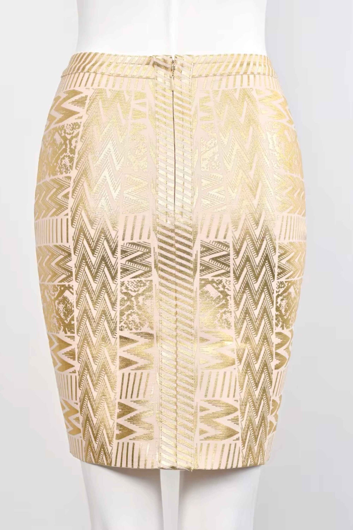 Woman wearing a figure flattering High Waist Metallic Mini Skirt - Gold BODYCON COLLECTION