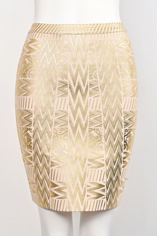 Woman wearing a figure flattering High Waist Metallic Mini Skirt - Gold BODYCON COLLECTION