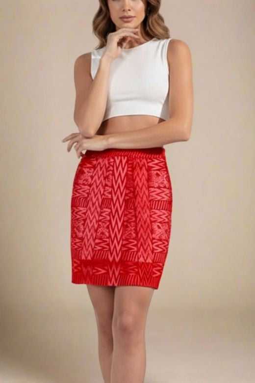 Woman wearing a figure flattering High Waist Metallic Mini Skirt - Lipstick Red BODYCON COLLECTION