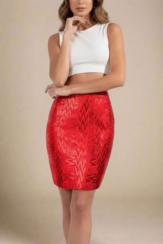 Woman wearing a figure flattering High Waist Metallic Mini Skirt - Lipstick Red BODYCON COLLECTION