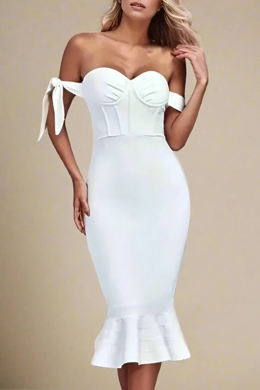 Woman wearing a figure flattering Hunter Bandage Midi Dress - Pearl White BODYCON COLLECTION