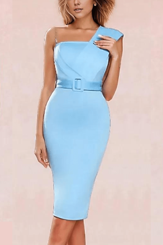 Woman wearing a figure flattering  Ione Bandage Midi Dress - Sky Blue BODYCON COLLECTION