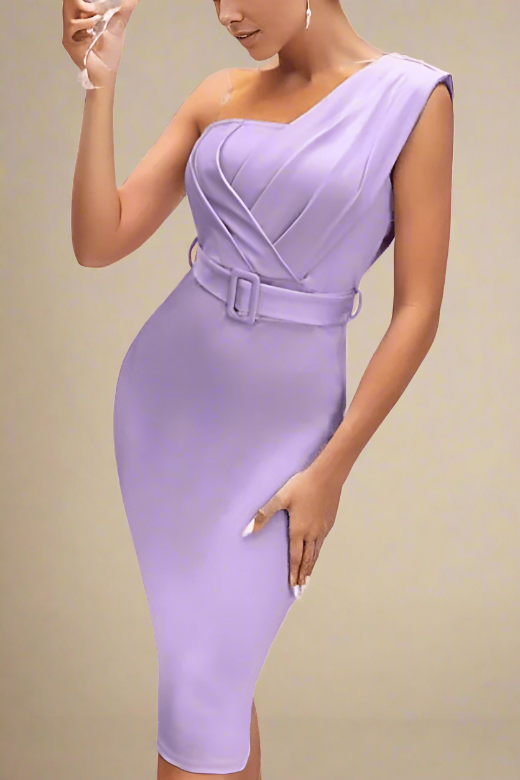 Woman wearing a figure flattering  Ione Bandage Midi Dress - Violet Purple BODYCON COLLECTION