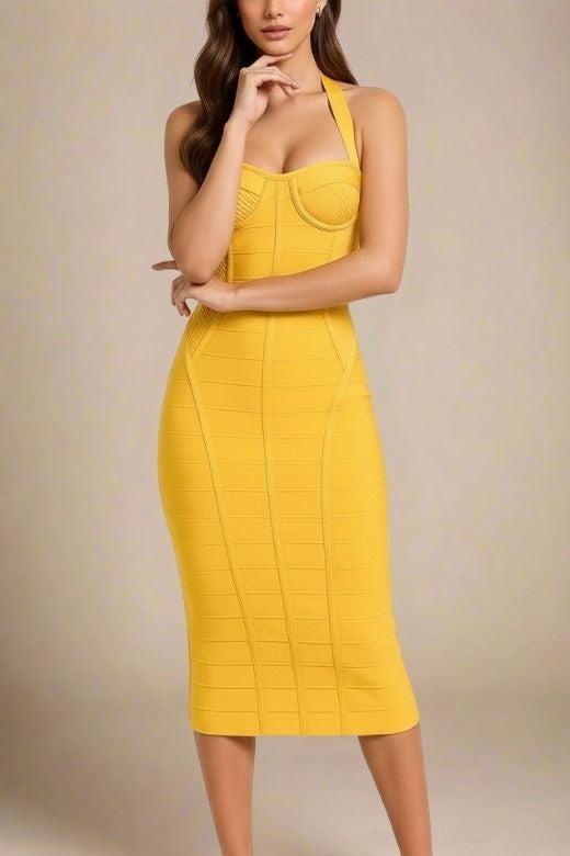 knee length dresses for ladies Yellow Micro Ruffle Strapless Midi Dress
