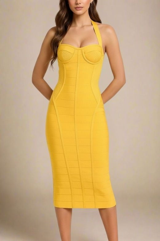Woman wearing a figure flattering Isabella Bandage Midi Dress - Mustard Yellow BODYCON COLLECTION Pty Ltd
