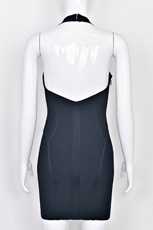 Woman wearing a figure flattering Isabella Bandage Mini Dress - Classic Black BODYCON COLLECTION Pty Ltd